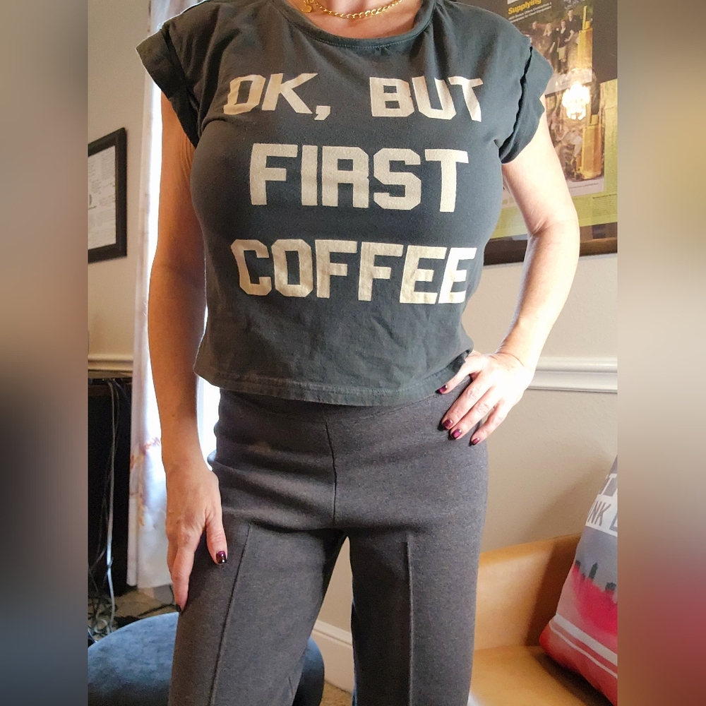 Recycled Karma vintage tshirt "Ok, But First Coffee" cropped, small